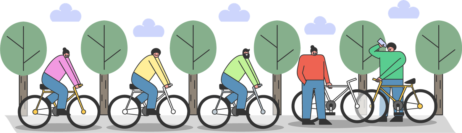 Group of people riding bikes at park Illustration