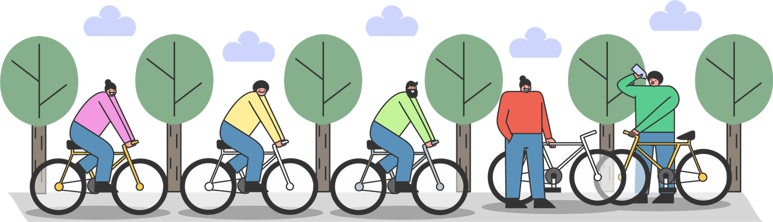 Group of people riding bikes at park  Illustration