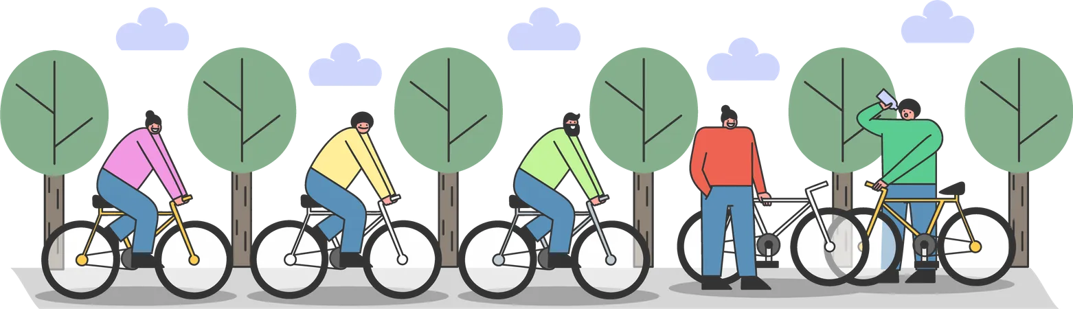 Group of people riding bikes at park  Illustration