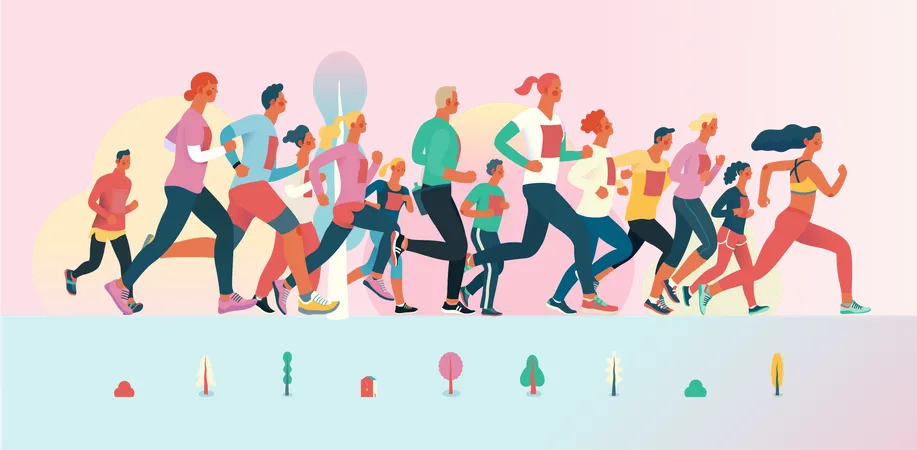 Group of people running in marathon Illustration