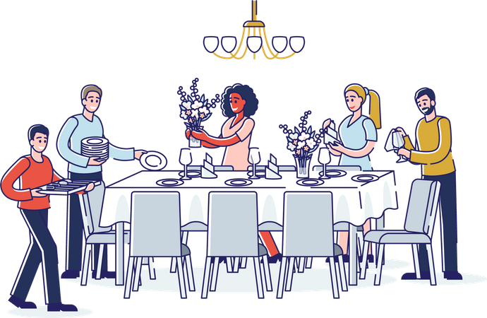 Group of people serving table for dinner  Illustration