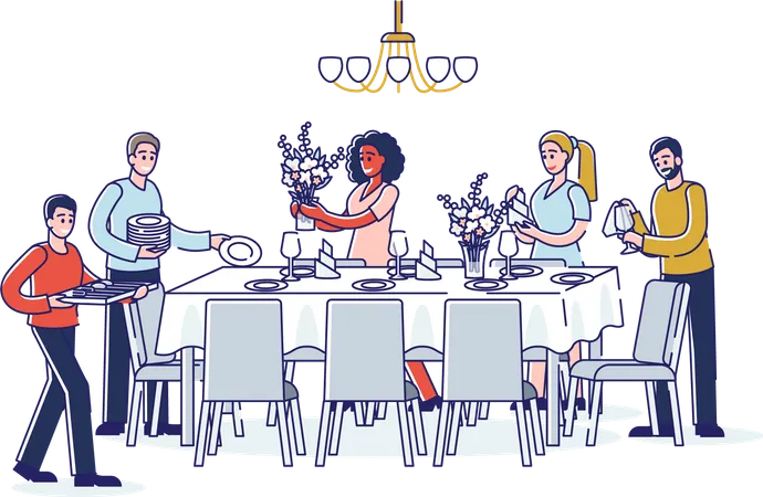 Group of people serving table for dinner  Illustration