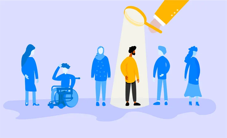 A Group Of People Standing For Recruitment And One Person Is Selected Out Of All People The Recruiter Is Using Magnifying Glass To Hire The Perfect Employee Illustration