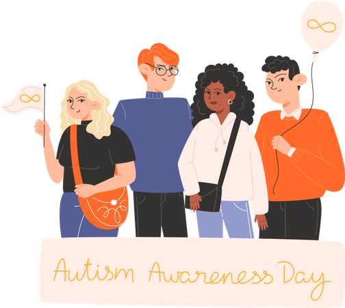 Group of people standing together with posters and symbols of Autism Awareness Day  Illustration