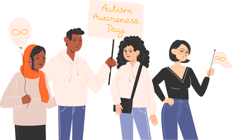 Group of people standing together with posters and symbols of Autism Awareness Day  Illustration