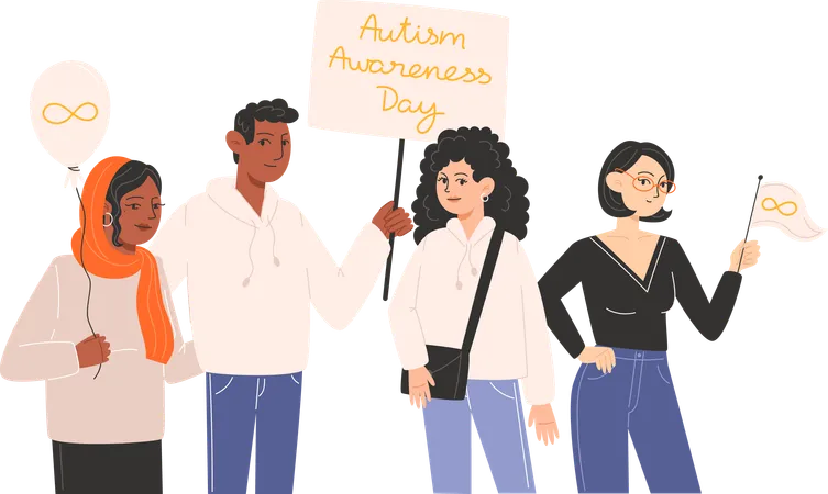 Group of people standing together with posters and symbols of Autism Awareness Day  Illustration