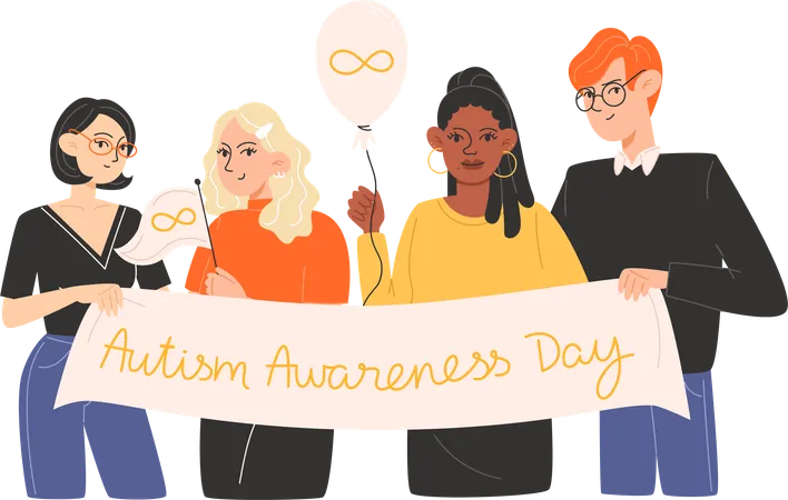 Group of people standing together with posters and symbols of Autism Awareness Day  Illustration