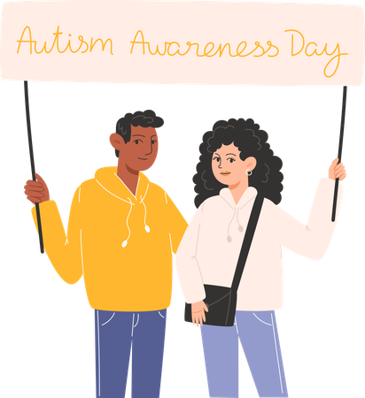 Group of people standing together with posters and symbols of Autism Awareness Day  Illustration