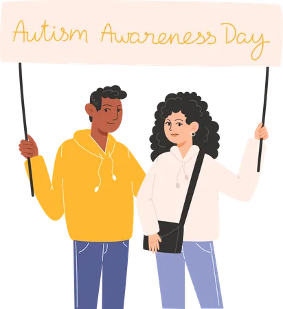 Group of people standing together with posters and symbols of Autism Awareness Day  Illustration