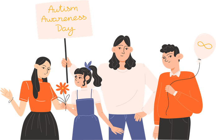 Group of people standing together with posters and symbols of Autism Awareness Day  Illustration