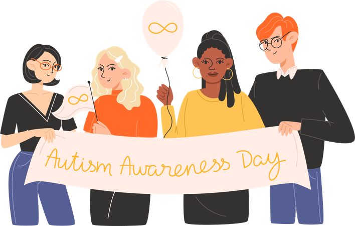 Group of people standing together with posters and symbols of Autism Awareness Day  Illustration