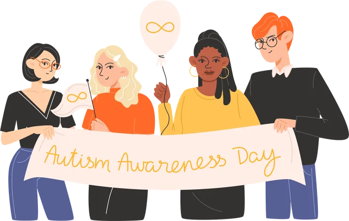 Group Of People Standing Together With Posters And Symbols Of Autism Awareness Day Illustration
