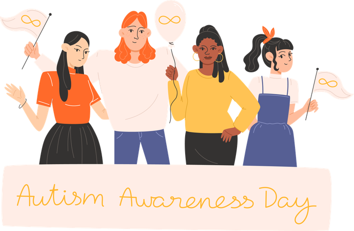 Group of people standing together with posters and symbols of Autism Awareness Day  Illustration