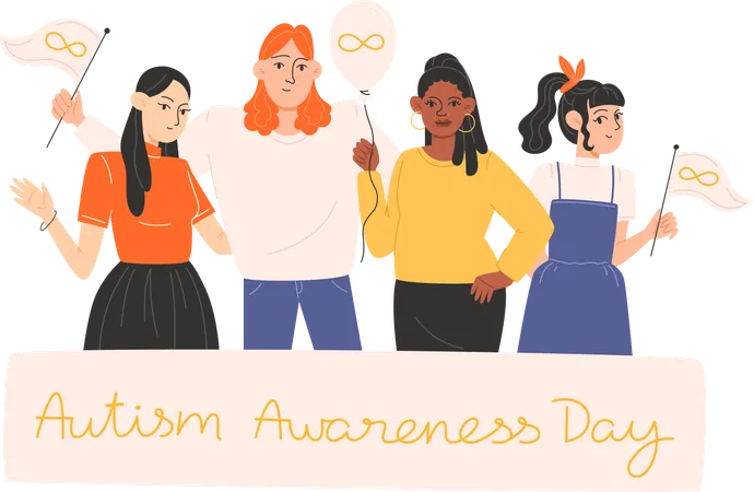 Group Of People Standing Together With Posters And Symbols Of Autism Awareness Day Illustration