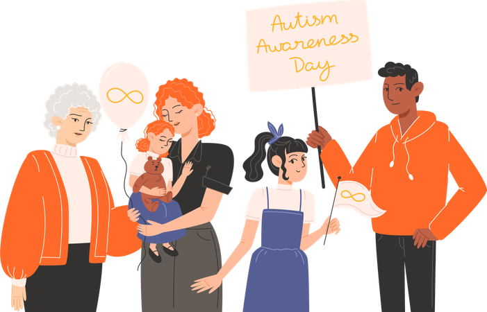 Group of people standing together with symbols of Autism Awareness Day  Illustration