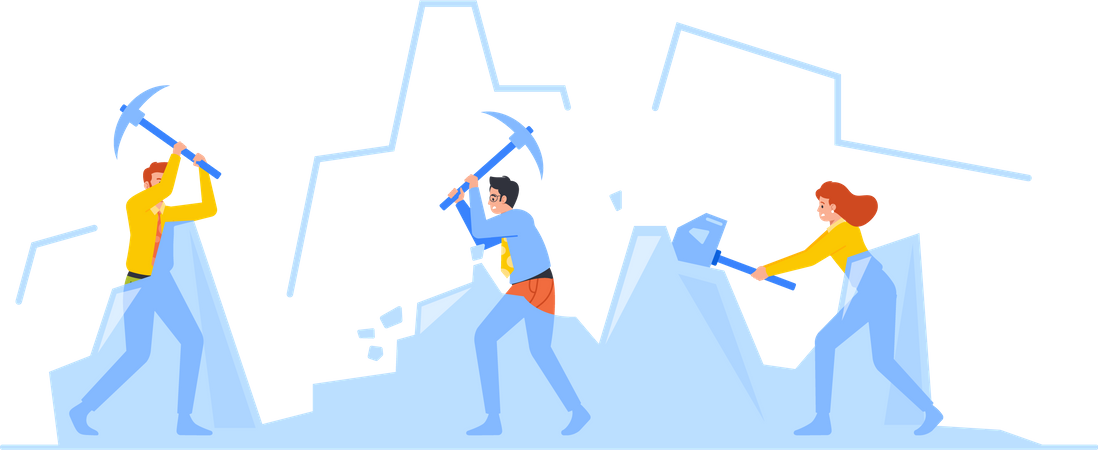 Group Of People Using Sledgehammers Working Hard to Break Large Ice  Illustration