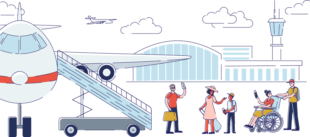 Group of people waiting for boarding to the plane Illustration