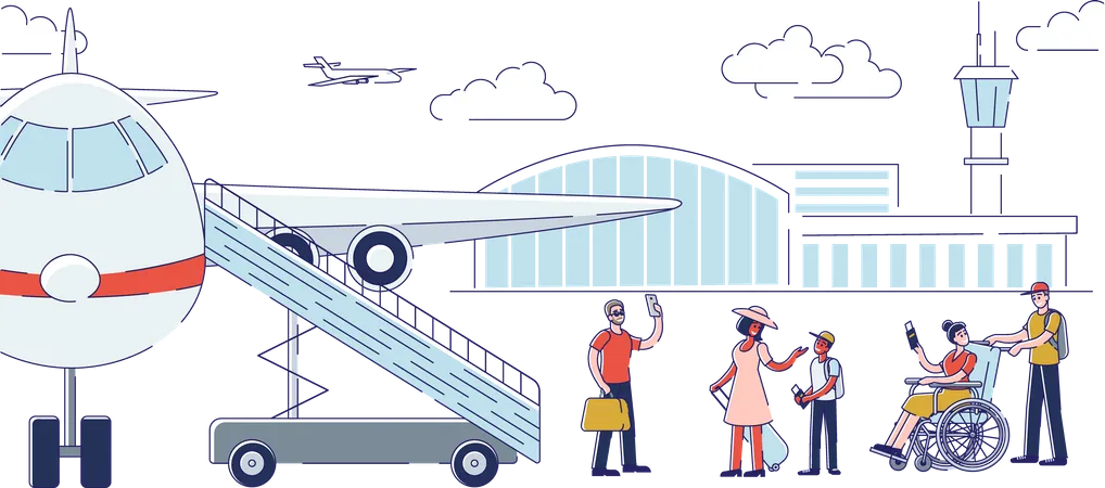Group of people waiting for boarding to the plane Illustration