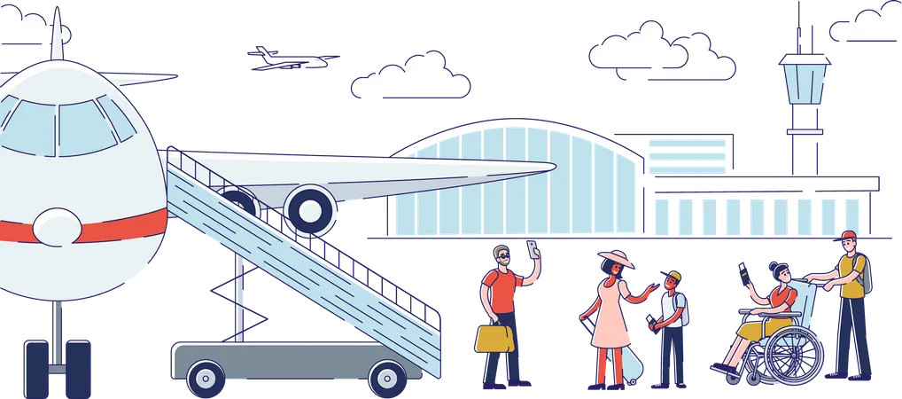 Group of people waiting for boarding to the plane  Illustration