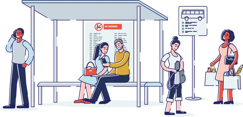 Group of people waiting for bus at bus station  Illustration