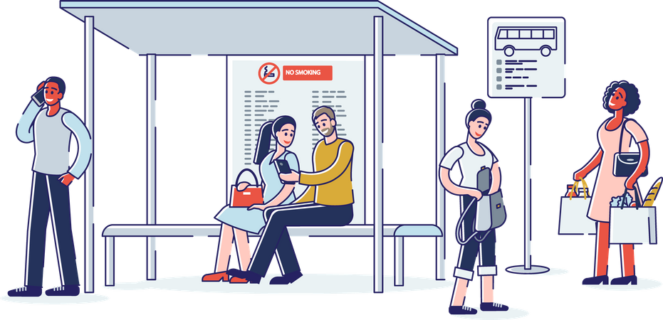 Group of people waiting for bus at bus station  Illustration