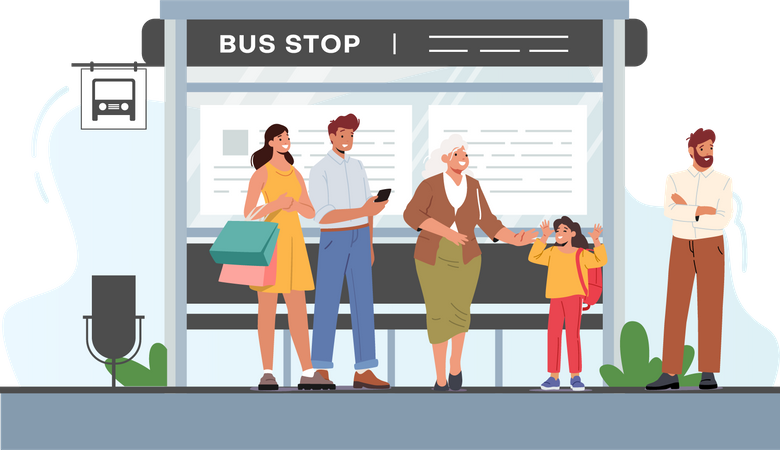 Group of people waiting on bus stop Illustration