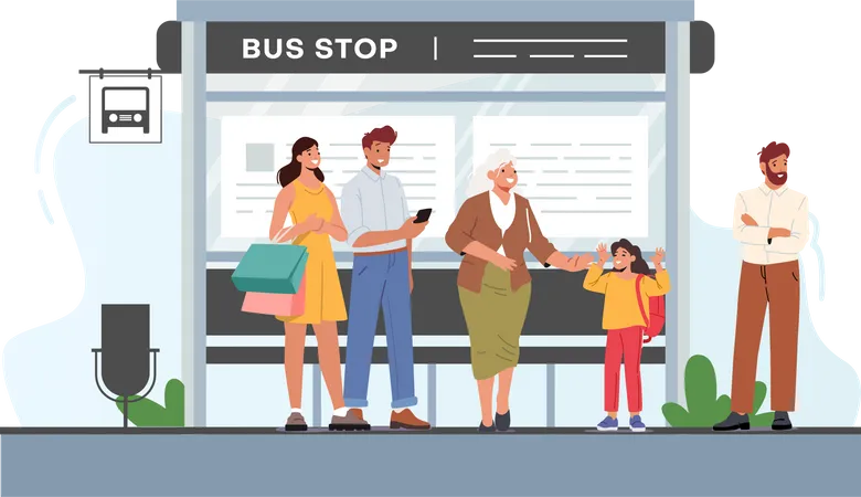 Group of people waiting on bus stop Illustration