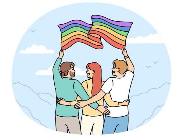 Group of people with LGBT flag travel with pride community and admire beautiful nature  Illustration