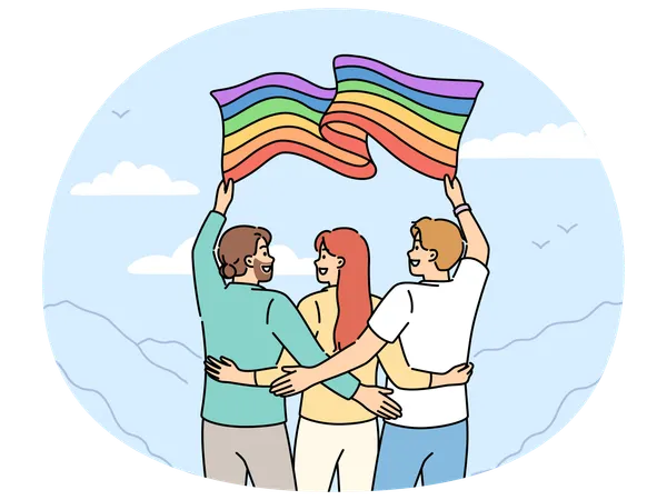 Group of people with LGBT flag travel with pride community and admire beautiful nature  Illustration
