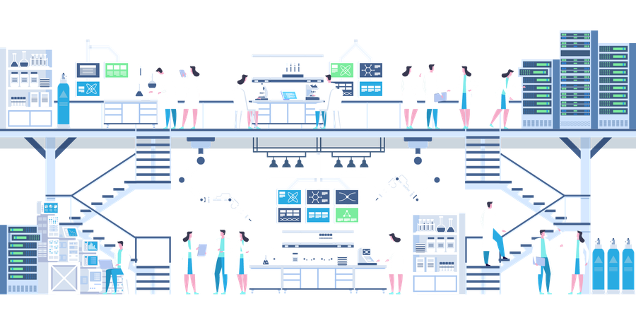 Group of professional scientists doing research and experiments at medical lab with special equipment  Illustration