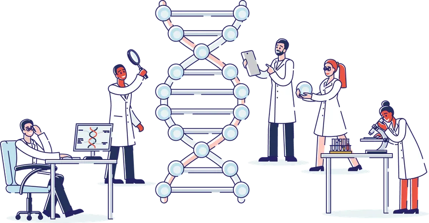 Group Of Professional Scientists Work With Molecule DNA  Illustration
