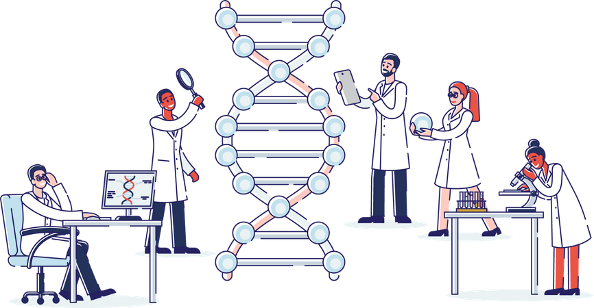 Group Of Professional Scientists Work With Molecule DNA  Illustration