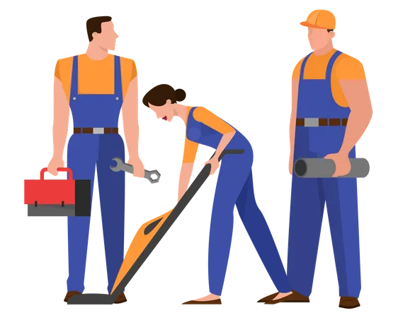 Group Of Repairman In The Uniform Technician Occupation Character Holding Professional Tool For Work Isolated Vector Illustration In Flat Style Illustration