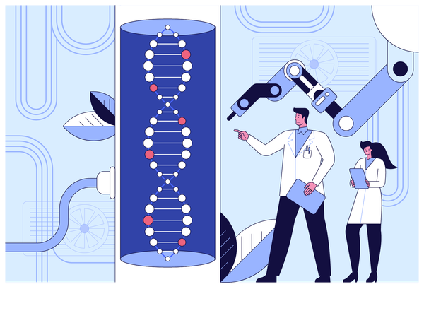 DNA 구조에 관해 연구하는 과학자 그룹  일러스트레이션