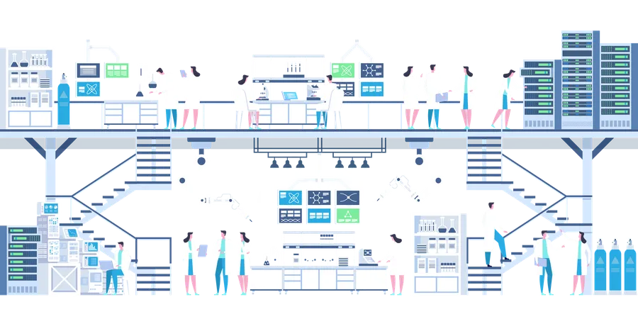 Group Of Professional Scientists Doing Research And Experiments At Medical Lab With Special Equipment Doctors Working At Researching Laboratory High Detailed Vector Flat Illustration Illustration