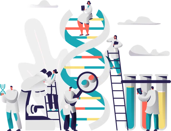 Group of scientists doing research on DNA Illustration