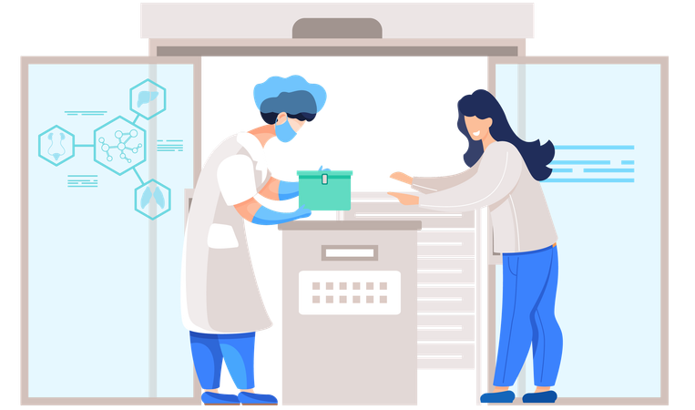 Group of scientists wearing white coats and face masks conducting experiments  Illustration