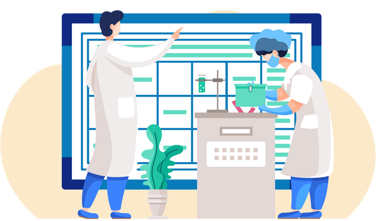 白衣と防護マスクを着用して実験を行う科学者のグループ  イラスト