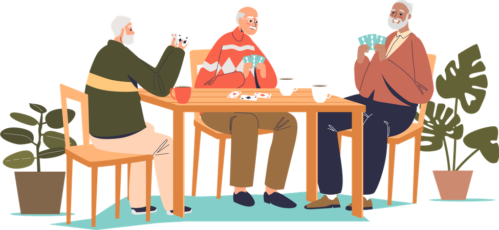 Group of senior men sitting together at table and playing cards Illustration