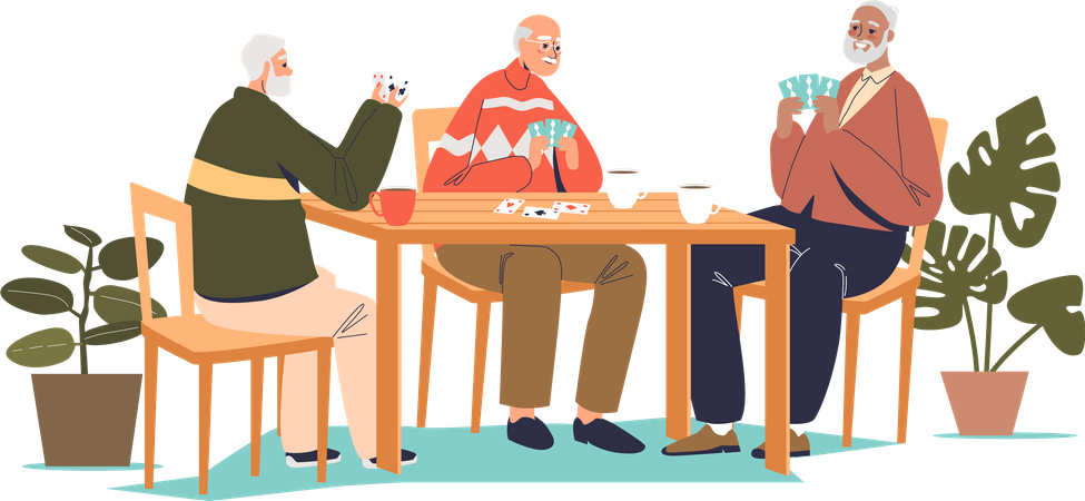 Group of senior men sitting together at table and playing cards  Illustration