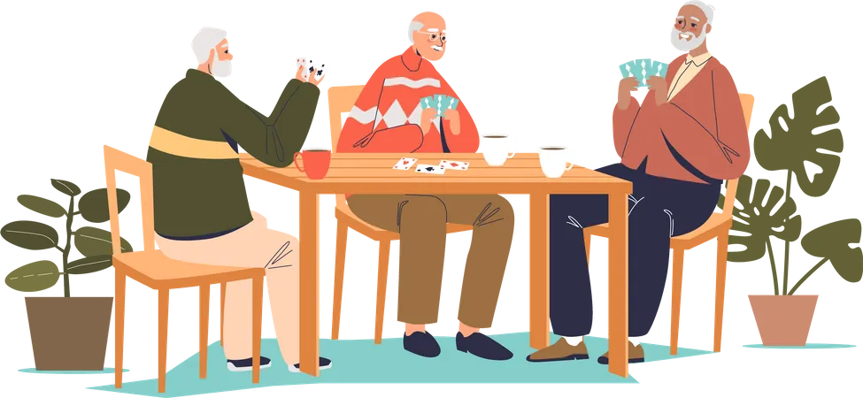 Group of senior men sitting together at table and playing cards  Illustration