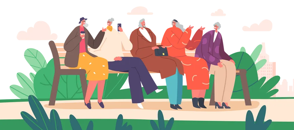 Senior Female Characters Group Sitting On Bench In Park Or House Yard Communicate Chatting Share Gossips Old Friends Drink Coffee Use Mobile Outdoor Sparetime Cartoon People Vector Illustration Illustration