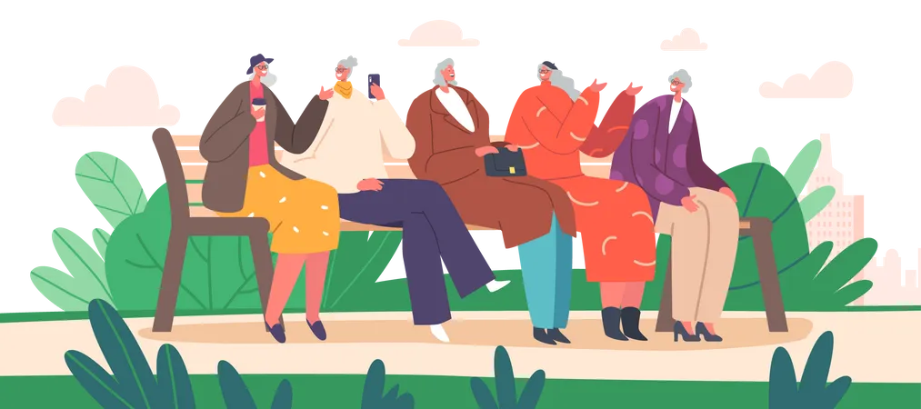 Group of seniors sitting on bench  Illustration