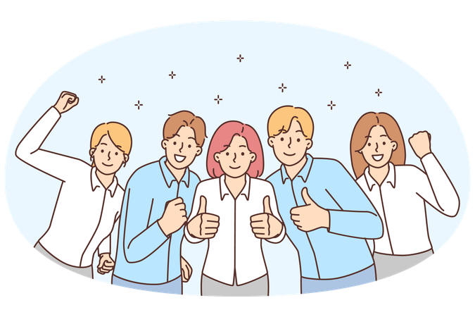 Group of smiling businesspeople showing thumbs up celebrating shared business success  Illustration