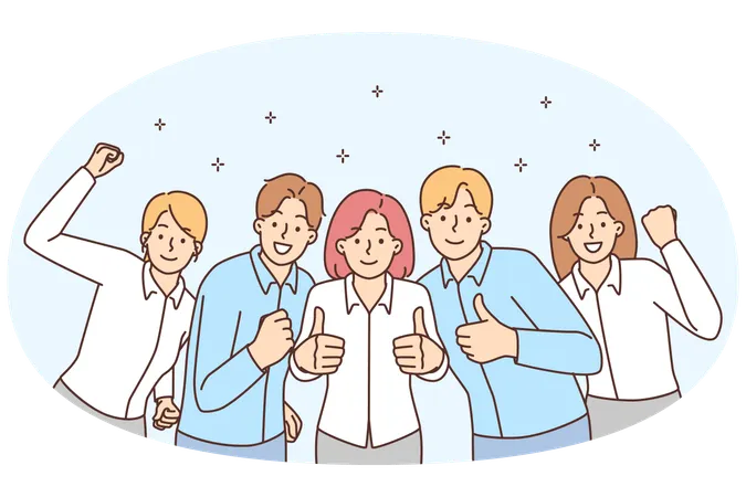Group of smiling businesspeople showing thumbs up celebrating shared business success  Illustration