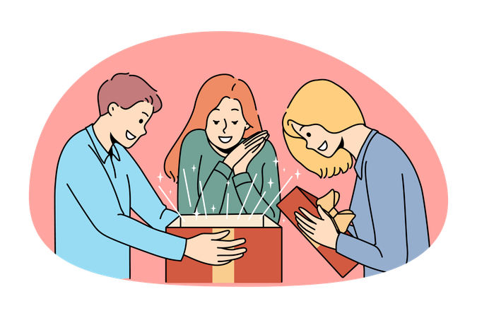 Group of smiling cheerful excited people friends standing opening surprise box with magic inside  Illustration