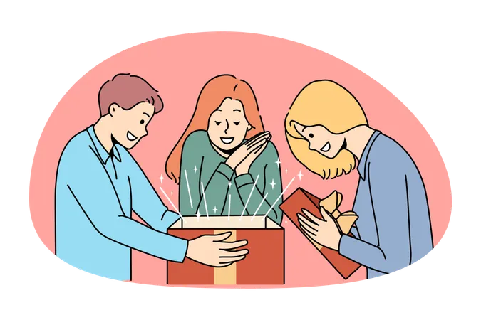 Group of smiling cheerful excited people friends standing opening surprise box with magic inside  Illustration