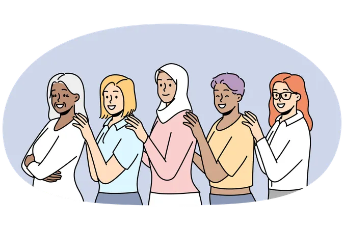 Group of smiling multiracial women stand together showing unity and support.  Illustration