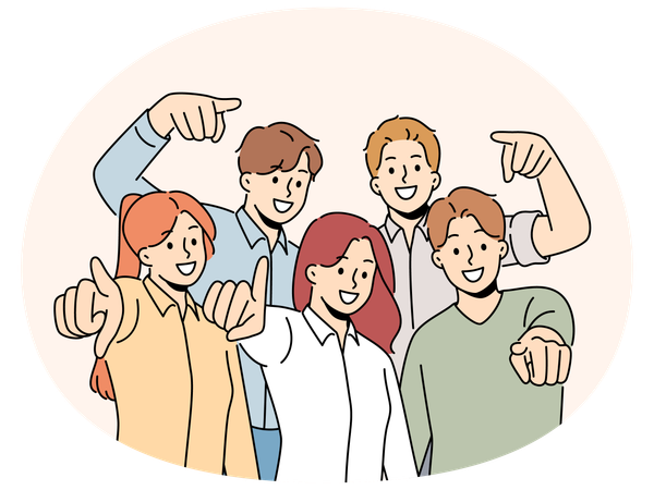 Group of smiling people point at screen  Illustration