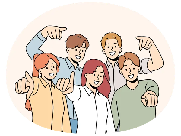Group of smiling people point at screen  Illustration